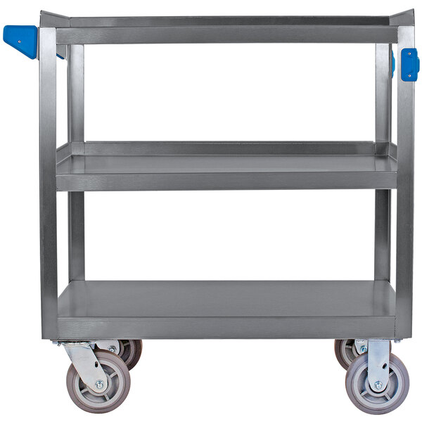 A Carlisle stainless steel utility cart with three shelves and blue wheels.