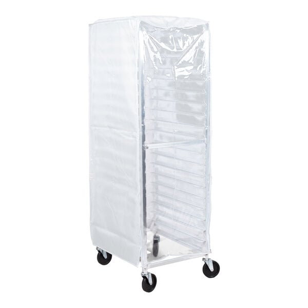 A tall, wheeled rack is covered with a clear and opaque protective cover, revealing multiple horizontal shelves inside.