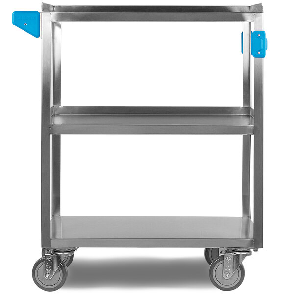A Carlisle stainless steel utility cart with blue handles.