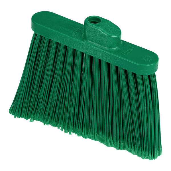 A Carlisle Sparta Duo-Sweep green broom with a long handle.