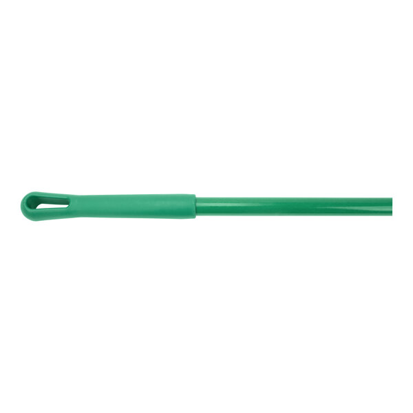 A close up of a green plastic handle on a Carlisle Sparta Duo-Sweep broom.