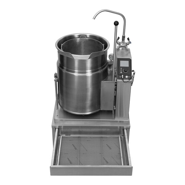 A stainless steel natural gas 12-gallon tilting steam jacketed tabletop kettle with control panel and faucet.