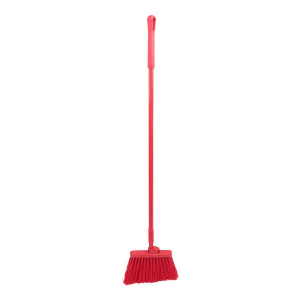 A red broom with long handle.