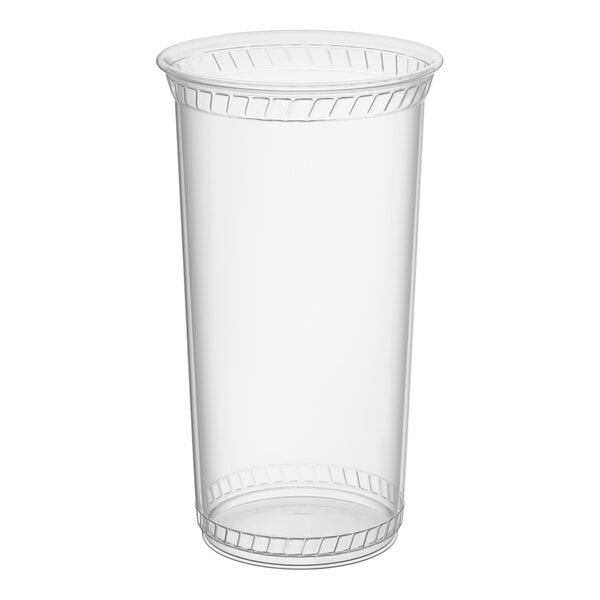 A clear, compostable 32 oz. plastic cold cup.