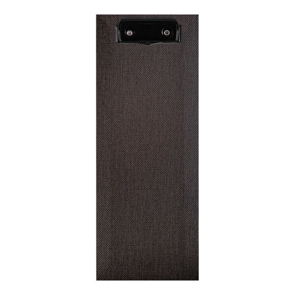 A black clipboard with brown and black fabric wrapped around it.