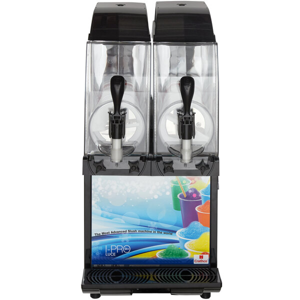 A Crathco slush machine with two dispensers and a light panel.