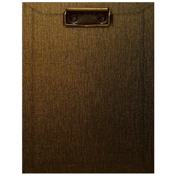 A brown clipboard with a black vinyl cover and metal clip.