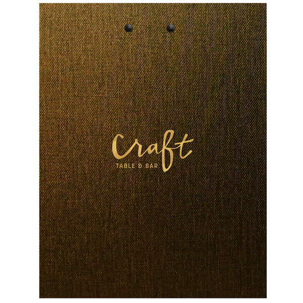 A H. Risch, Inc. Gatsby customizable menu clipboard with gold vinyl metro wrap on a table with a menu.