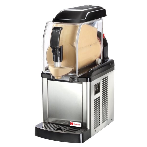 A Crathco single frozen beverage dispenser with a plastic container and cover.