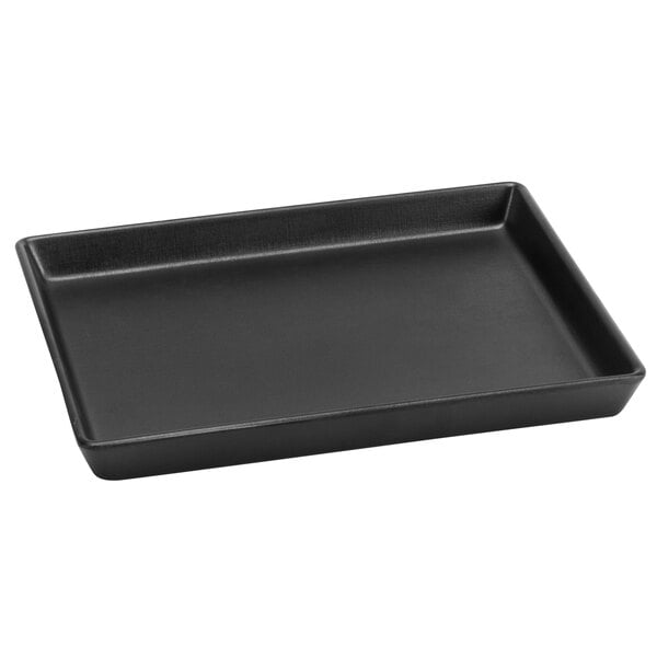 A black rectangular Delfin Linen melamine tray with a handle.