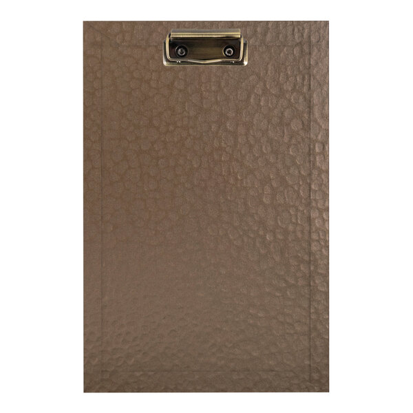 A brown clipboard with a metal clip.