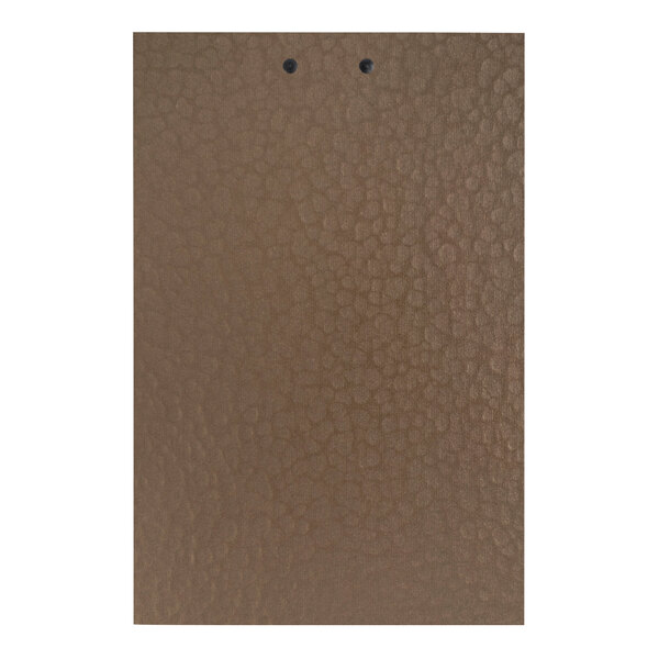 A brown leather H. Risch, Inc. menu clipboard with two holes in it.