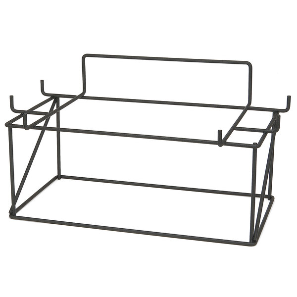 A black wire rack with two shelves and hooks on it for Grindmaster coffee airpots.