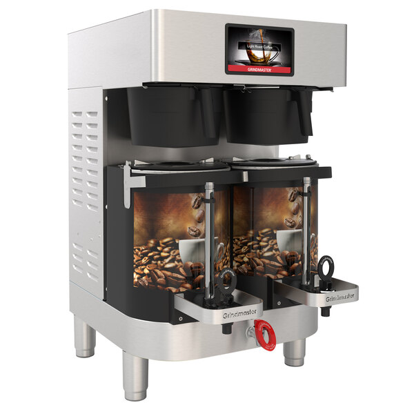 A white Grindmaster PrecisionBrew automatic coffee machine with two coffee pots on top.