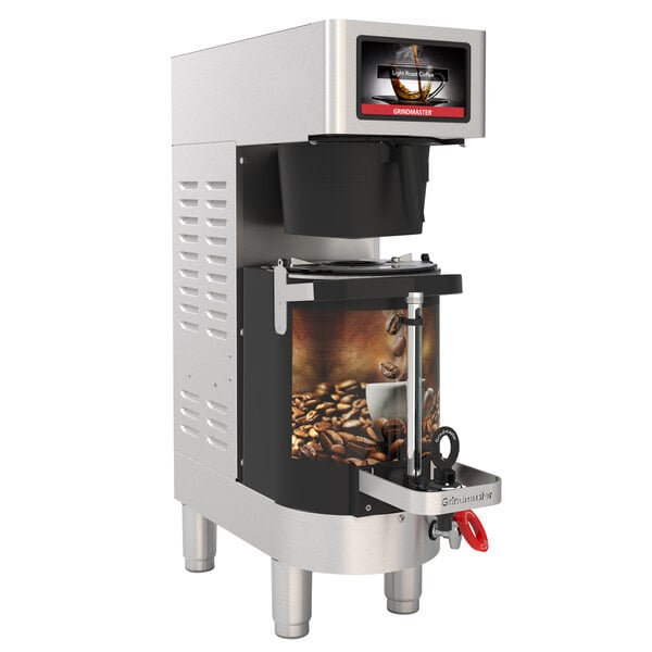 A white Grindmaster PrecisionBrew coffee brewer machine with a glass shuttle inside filled with coffee beans.