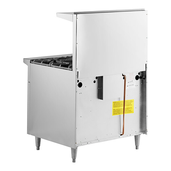A stainless steel U.S. Range commercial gas range with a standard oven door open.