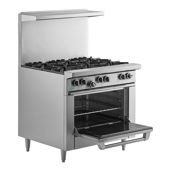 A large stainless steel U.S. Range with 6 open burners and an oven.