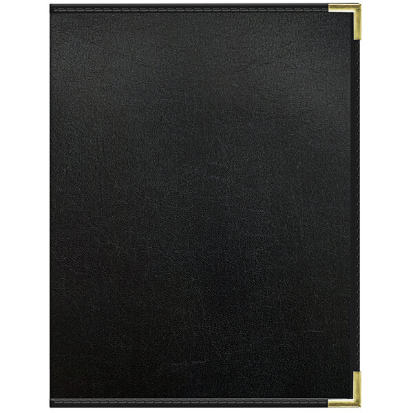 A black leather menu cover with gold corners and trim.