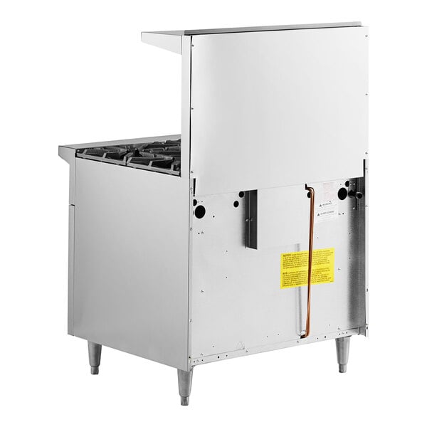 A large stainless steel U.S. Range commercial gas range with a standard oven door open.
