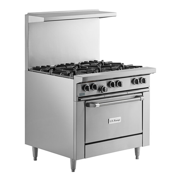 A stainless steel U.S. Range commercial gas range with 6 burners and a standard oven, with black knobs.