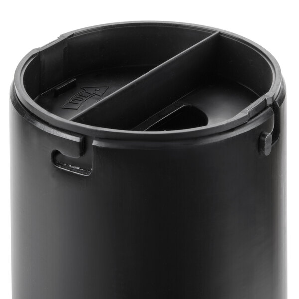 A black container with a hole in it.