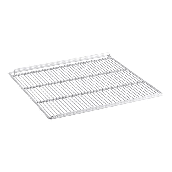 A white metal rack with wire shelves.