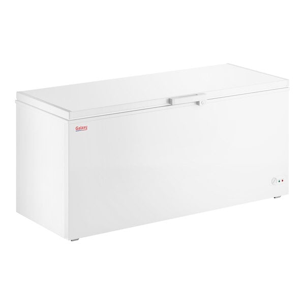 A large white commercial chest freezer with a flat lid and front control panel.