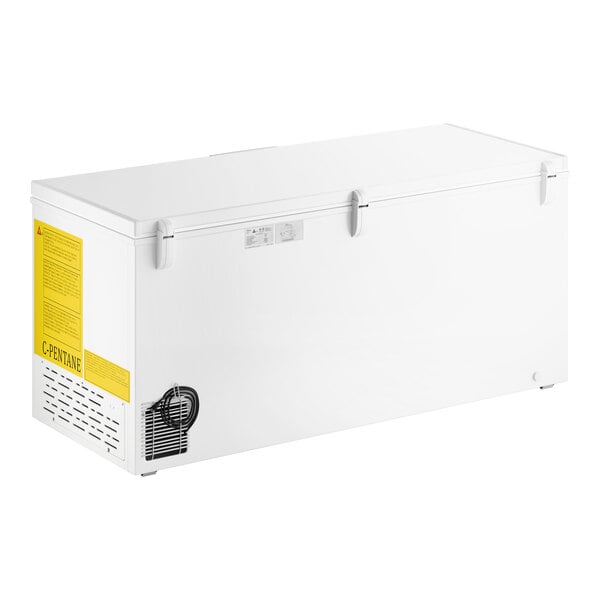 A large white commercial chest freezer with a 19.4 cubic foot capacity.
