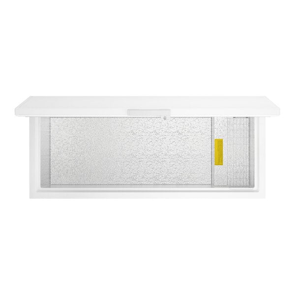 A white commercial chest freezer with a sliding glass lid and a rectangular shape.