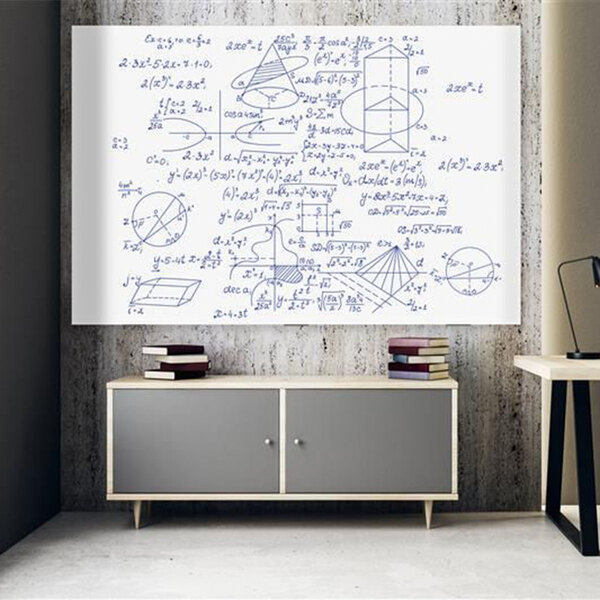 A Luxor magnetic glass whiteboard with math equations on it and books on a grey cabinet.