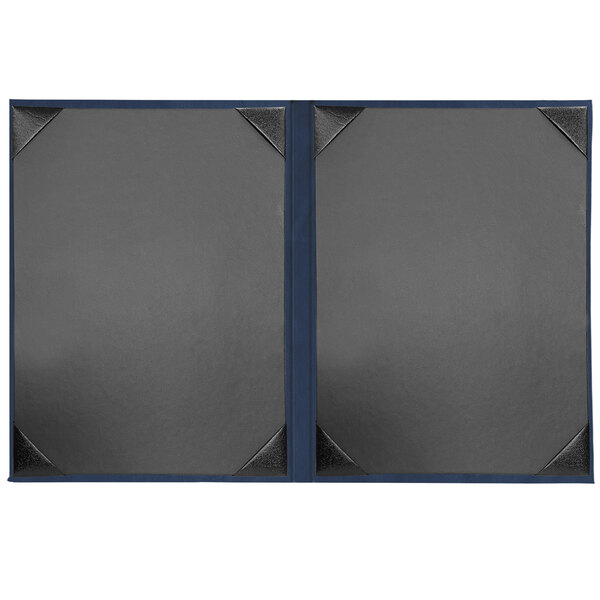 A black rectangular menu cover with a black frame and two blue pages.