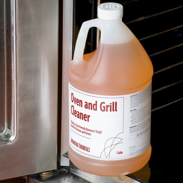 A case of Advantage Chemicals oven and grill cleaner bottles on a counter.