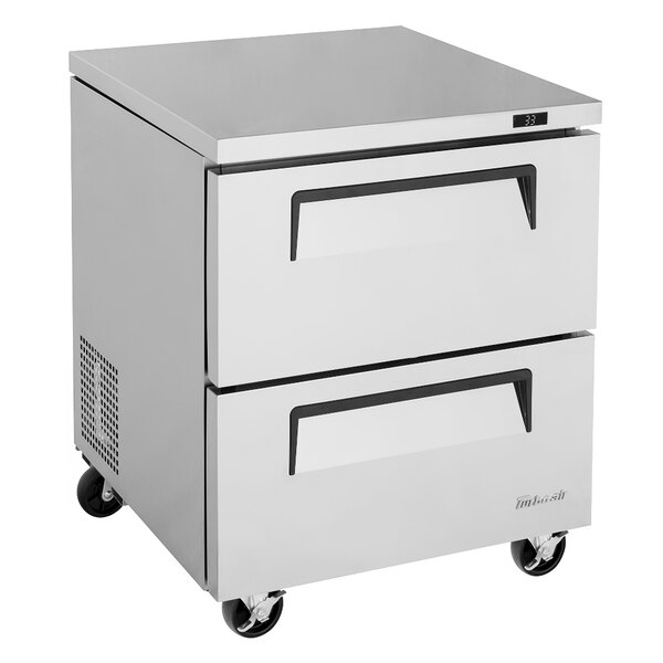 A stainless steel Turbo Air undercounter refrigerator with two drawers.