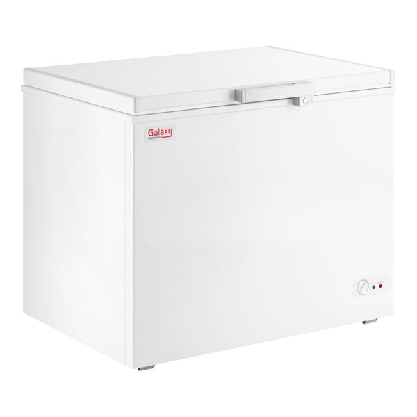 A white Galaxy CF10HC commercial chest freezer with a 9.6 cubic foot capacity.