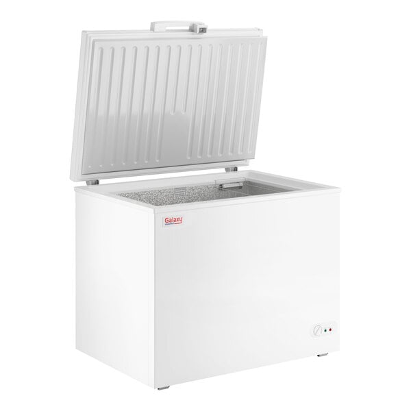 A white commercial chest freezer with an open lid and a 9.6 cubic foot capacity.