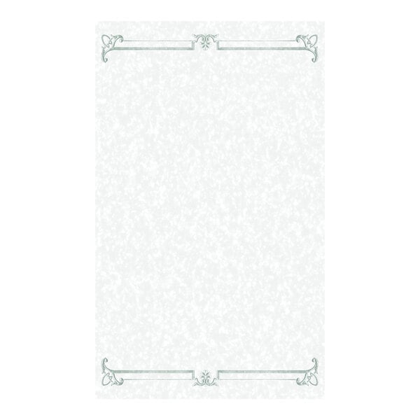 A sheet of white menu paper with a green swirl border design at the top and bottom.