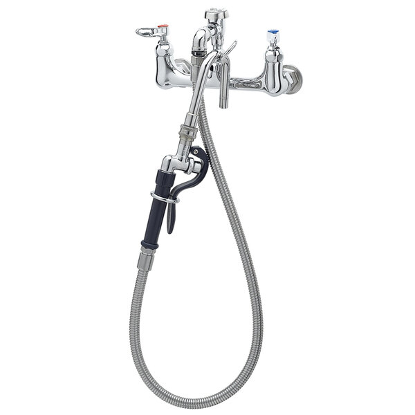 A T&S chrome pot filler faucet with a quick disconnect hose.