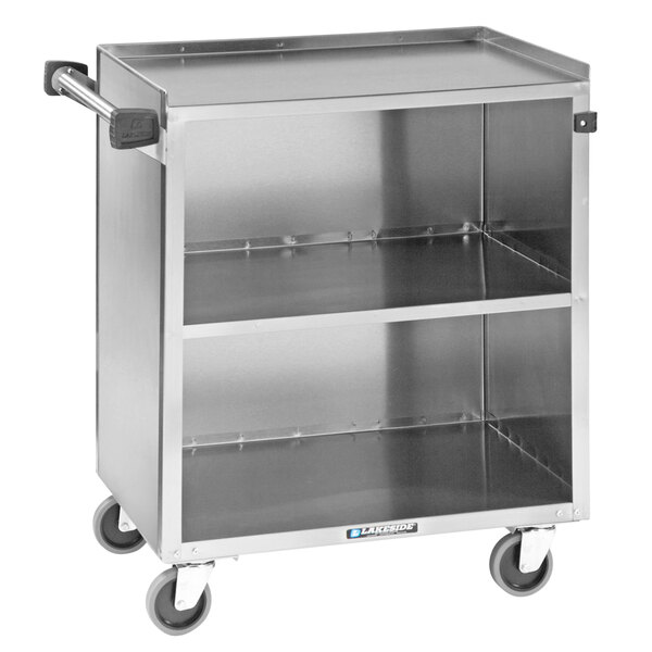 A Lakeside stainless steel utility cart with three shelves and wheels.