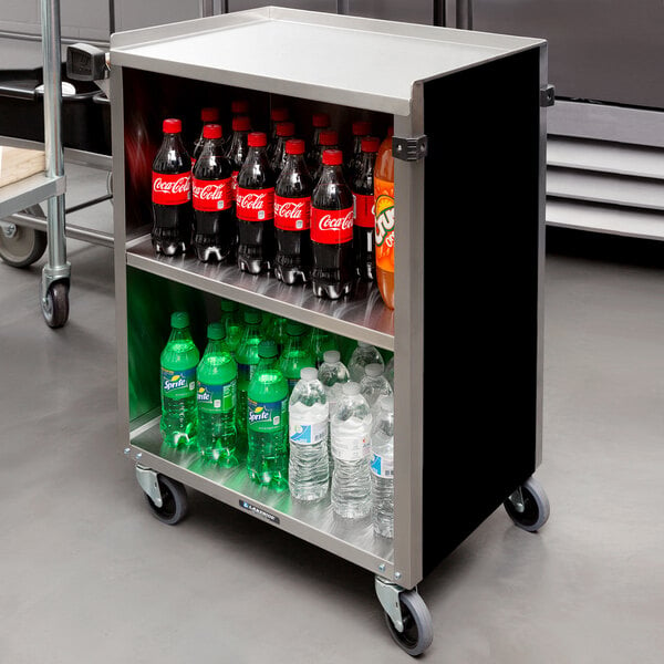 Black Choice bussing cart with three shelves full of boxes and clear bucket