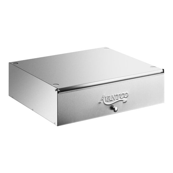 A rectangular stainless steel cabinet with a front drawer and the word 'Avantco' embossed on the front panel.