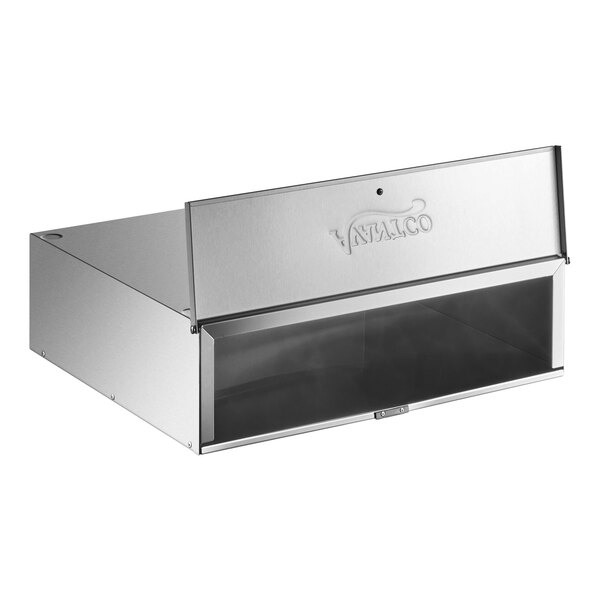 A stainless steel rectangular cabinet with a front-facing transparent door and a hinged top panel.