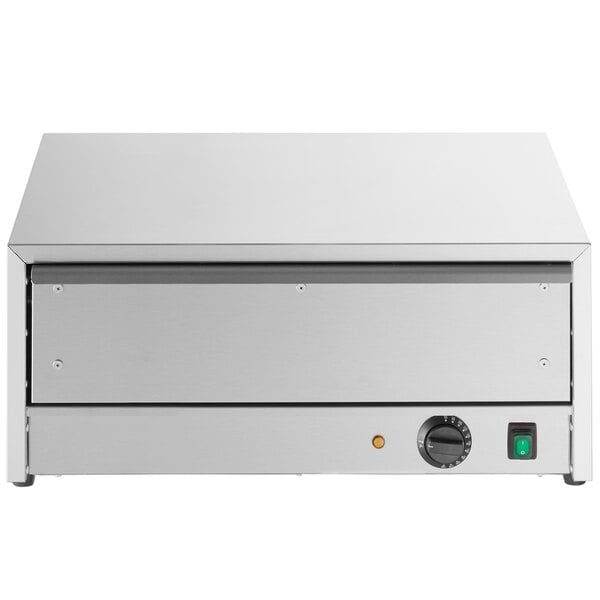 An Avantco stainless steel bun warmer on a counter.