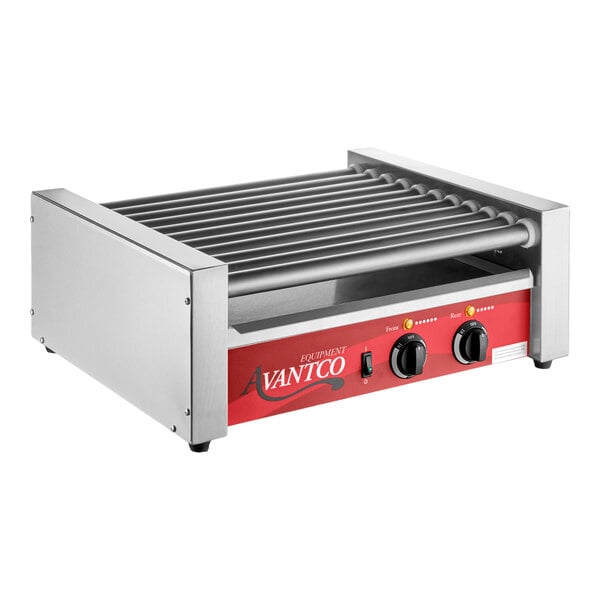 A stainless steel hot dog roller grill with eleven rollers and two control knobs on a red front panel.