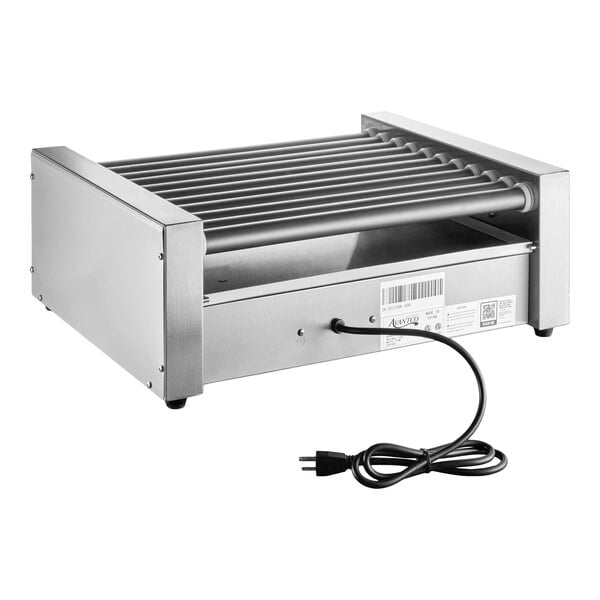 A stainless steel electric appliance with eleven cylindrical rollers and a power cord, designed for grilling food items.