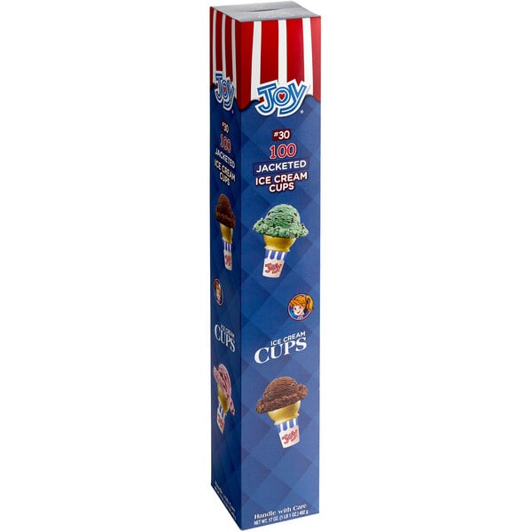 A blue box of JOY flat bottom jacketed cake cones with images of ice cream on it.