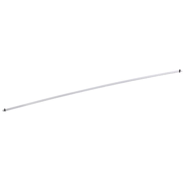 A long thin metal blade with a white handle.