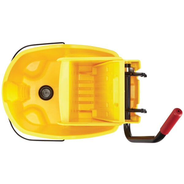 A yellow plastic Rubbermaid mop bucket with a black handle and a red wringer.