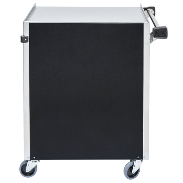 A black and silver Lakeside utility cart with enclosed base and wheels.