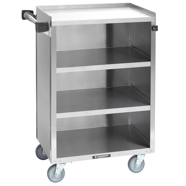 A Lakeside stainless steel utility cart with three shelves and wheels.
