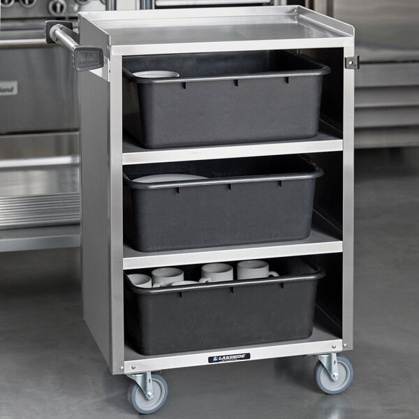 A Lakeside stainless steel utility cart with black bins on wheels.